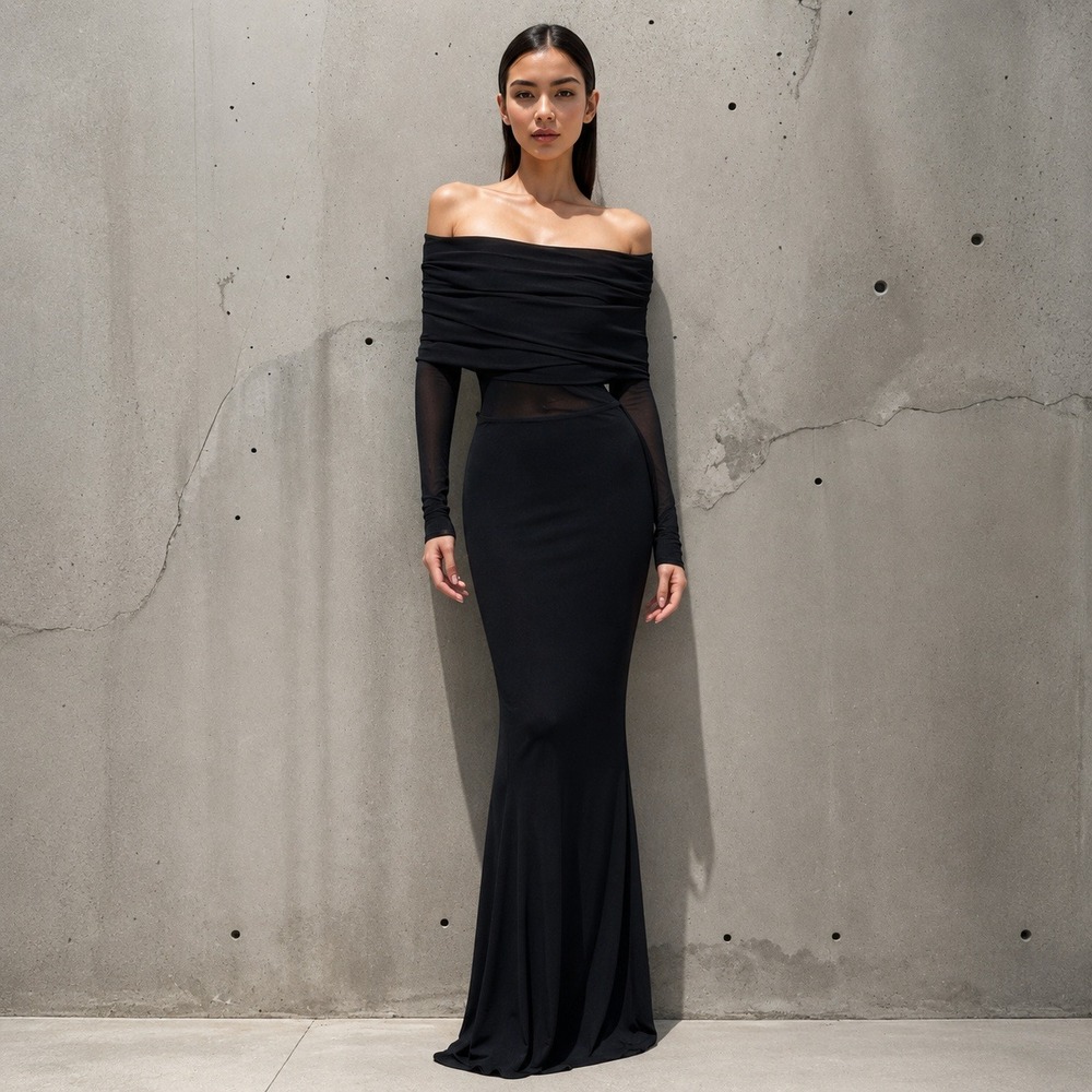 Commense Black Off Shoulder Mesh Maxi Dress Sheer Long Sleeve Evening Gown XL